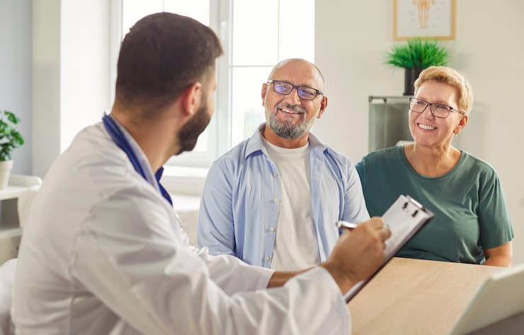 Doctor discussing care with a smiling senior couple